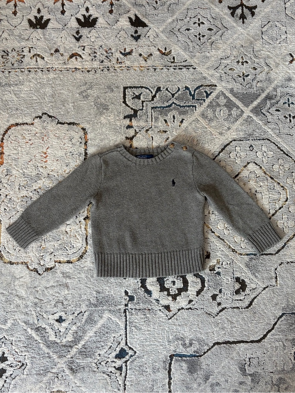 Ralph Lauren Gray Knit Crewneck Sweater with Embroidered Logo, 24 months